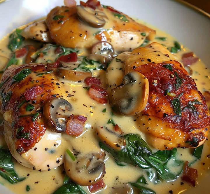 Smothered Chicken with Creamed Spinach Bacon
