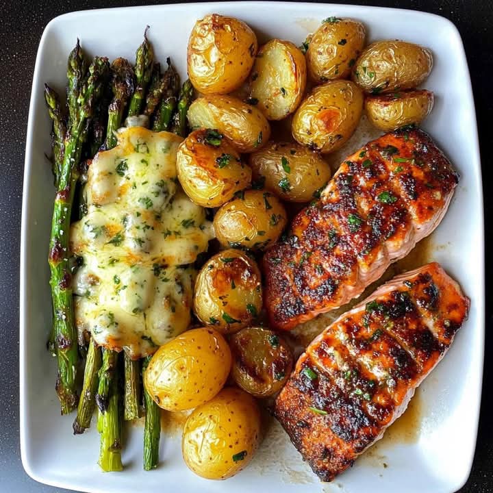 Spiced Salmon with Cheesy Asparagus & Garlic Herb Potatoes