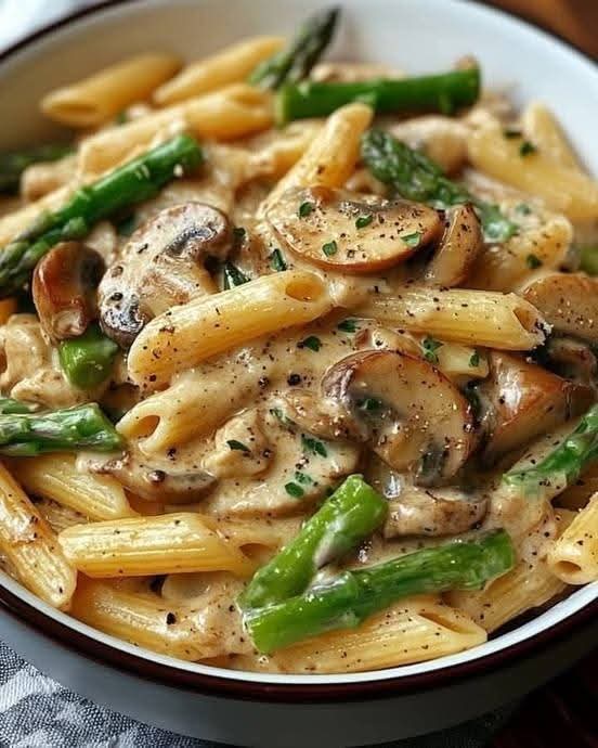 Here’s a detailed, SEO-optimized recipe for **Creamy Mushroom and Asparagus Chicken Penne** that will help it rank well on Google while delivering a delicious and comforting meal. --- ## **Creamy Mushroom and Asparagus Chicken Penne – A Delicious, Hearty Pasta Dish** ### **Meta Description:** This **Creamy Mushroom and Asparagus Chicken Penne** is the perfect comfort food! Tender chicken, sautéed mushrooms, and fresh asparagus in a rich, creamy sauce over penne pasta—an easy, flavorful dinner option. --- ### **Introduction:** Looking for a comforting, easy-to-make dinner that’s packed with flavor? This **Creamy Mushroom and Asparagus Chicken Penne** has it all: tender chicken, sautéed mushrooms, crisp asparagus, and a luscious creamy sauce that brings it all together. Served over penne pasta, this dish is sure to become a weeknight favorite. Whether you’re feeding your family or looking to impress guests, this creamy pasta recipe is simple yet elegant, making it perfect for any occasion. Let’s dive into how to create this delicious dish! --- ## **Ingredients:** ### **For the Chicken:** - **2 boneless, skinless chicken breasts** (or thighs) - **Salt and pepper**, to taste - **1 tablespoon olive oil** - **1 teaspoon garlic powder** (optional) - **1 teaspoon dried oregano** (optional) ### **For the Sauce and Pasta:** - **8 oz penne pasta** (or your favorite pasta) - **1 tablespoon olive oil** - **2 cups sliced mushrooms** (white or cremini mushrooms) - **1 bunch asparagus**, trimmed and cut into 2-inch pieces - **3 cloves garlic**, minced - **1 cup chicken broth** - **1 1/2 cups heavy cream** (or half-and-half for a lighter version) - **1/2 cup grated Parmesan cheese** (freshly grated for best flavor) - **1 tablespoon Dijon mustard** (optional for a tangy twist) - **1/2 teaspoon salt** (or to taste) - **1/4 teaspoon black pepper** (or to taste) - **Fresh parsley**, chopped (for garnish) - **Extra Parmesan cheese**, for serving --- ## **Instructions:** ### **Step 1: Cook the Chicken** 1. **Season the Chicken:** Season both sides of the chicken breasts with salt, pepper, garlic powder, and dried oregano. 2. **Cook the Chicken:** Heat 1 tablespoon of olive oil in a large skillet over medium heat. Add the chicken breasts and cook for about **6-7 minutes per side**, or until golden brown and cooked through (internal temperature should reach 165°F or 75°C). Once cooked, remove from the skillet and set aside to rest for a few minutes. Slice the chicken into thin strips or bite-sized pieces. ### **Step 2: Cook the Pasta** 1. **Boil the Pasta:** While the chicken cooks, bring a large pot of salted water to a boil. Add the penne pasta and cook according to the package instructions until al dente (about 8-10 minutes). Drain the pasta, reserving about 1/2 cup of pasta cooking water. Set aside. ### **Step 3: Sauté the Vegetables** 1. **Cook the Mushrooms:** In the same skillet used for the chicken, add 1 tablespoon of olive oil and heat over medium heat. Add the sliced mushrooms and sauté for about **5-6 minutes**, or until softened and browned. 2. **Add the Asparagus:** Add the asparagus pieces to the skillet and cook for an additional **3-4 minutes**, until tender-crisp and bright green. Add the minced garlic and cook for 30 seconds more, until fragrant. ### **Step 4: Make the Creamy Sauce** 1. **Deglaze with Chicken Broth:** Pour in the chicken broth and stir to deglaze the pan, scraping up any browned bits from the bottom of the skillet. Let it simmer for **2-3 minutes** to reduce slightly. 2. **Add the Cream:** Reduce the heat to low and add the heavy cream, stirring to combine. Bring the mixture to a simmer and cook for an additional **3-4 minutes** until the sauce thickens slightly. 3. **Add Cheese and Seasoning:** Stir in the Parmesan cheese, Dijon mustard (if using), salt, and pepper. Continue to cook on low heat for another 2 minutes, allowing the sauce to become creamy and smooth. ### **Step 5: Combine Pasta, Chicken, and Sauce** 1. **Add the Pasta and Chicken:** Add the cooked penne pasta to the skillet, followed by the sliced chicken. Toss everything together, making sure the pasta and chicken are well-coated with the creamy sauce. If the sauce is too thick, add a splash of the reserved pasta water to reach your desired consistency. 2. **Simmer Together:** Let the dish simmer for an additional **2-3 minutes**, allowing the flavors to meld together. ### **Step 6: Serve and Garnish** 1. **Serve:** Divide the creamy chicken penne among plates and garnish with freshly chopped parsley and extra grated Parmesan cheese for a finishing touch. 2. **Enjoy:** Serve warm and enjoy this creamy, comforting pasta dish! --- ## **Why You’ll Love This Creamy Mushroom and Asparagus Chicken Penne:** - **Rich and Creamy Sauce:** The creamy sauce, made with heavy cream and Parmesan cheese, is rich and comforting, coating each piece of pasta perfectly. - **Tender Chicken:** The chicken breasts are perfectly seasoned and cooked to juicy, tender perfection, adding a protein-packed layer to the dish. - **Fresh Veggies:** The mushrooms and asparagus add wonderful texture, flavor, and color, making this dish feel fresh and balanced. - **Quick and Easy:** This recipe comes together in just about 30-40 minutes, making it a perfect weeknight dinner that feels both indulgent and easy to prepare. --- ## **Additional Tips and Variations:** - **Vegetarian Option:** For a vegetarian version, simply omit the chicken and add extra vegetables like bell peppers, spinach, or zucchini. You can also substitute the chicken broth with vegetable broth. - **Add Extra Flavor:** Add a squeeze of fresh lemon juice to the sauce for a burst of brightness, or sprinkle red pepper flakes over the top for a touch of heat. - **Use Different Pasta:** You can swap out penne for other types of pasta, like fettuccine, rigatoni, or spaghetti, based on your preference. - **Make It Lighter:** For a lighter version, swap the heavy cream for half-and-half or use a lighter cream substitute. --- ## **Nutrition Information (Per Serving):** - **Calories:** 560 - **Protein:** 36g - **Carbs:** 45g - **Fat:** 30g - **Fiber:** 4g - **Sugar:** 6g (Note: These values are approximate and may vary depending on specific ingredients used.) --- ## **Conclusion:** This **Creamy Mushroom and Asparagus Chicken Penne** is the ultimate comfort food with its rich, creamy sauce, tender chicken, and fresh vegetables. It’s a perfect dinner option for busy nights when you want something hearty, flavorful, and easy to make. Whether you're cooking for family or impressing guests, this dish is sure to be a crowd-pleaser! Give it a try, and you’ll see just how easy it is to make a restaurant-quality meal at home. Serve with a side of garlic bread and a simple salad for a complete meal. --- ### **SEO Tips:** - Use keywords like **“Creamy Chicken Penne,”** **“Mushroom Asparagus Pasta,”** **“Creamy Pasta with Chicken,”** and **“Chicken Penne Recipe”** throughout the recipe for SEO ranking. - Link to other pasta recipes or creamy chicken dishes to keep readers on your site and improve internal linking. - Use **rich snippets** for the ingredient list and cooking instructions to enhance visibility in Google search results. --- This **Creamy Mushroom and Asparagus Chicken Penne** is both delicious and optimized for SEO, helping you create great content that is sure to stand out. Let me know if you need any further adjustments!