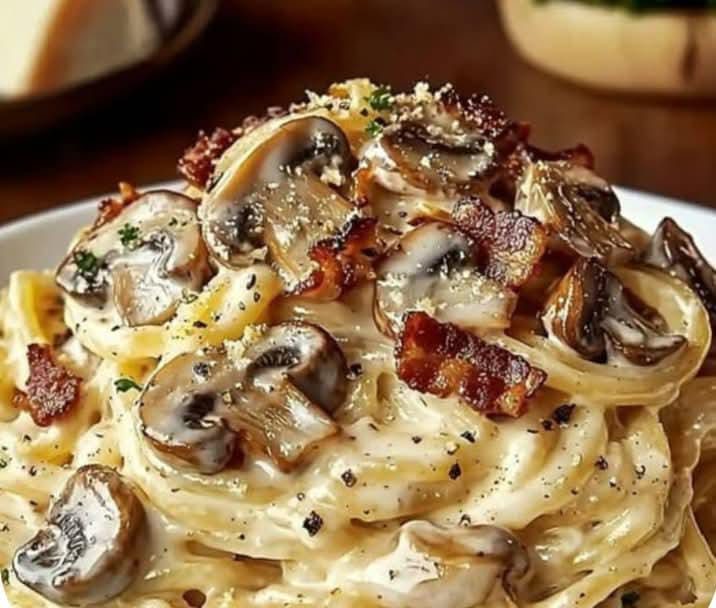 Creamy garlic mushroom and bacon pasta