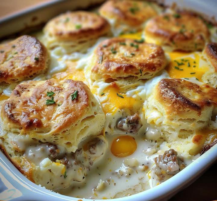 Biscuits & Gravy with Sausage & Egg Breakfast Casserole